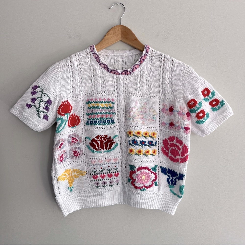 Colorful Patterned Knit Short Sleeve Sweater Handmade